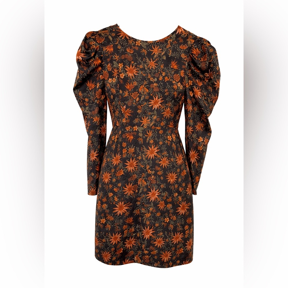 Floral Puff-Sleeve Mini Dress in Black and Orange open back vintage style